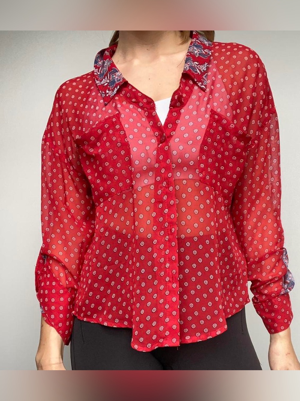 Free People Red Sheer Polka Dot Button-Down Blouse with Printed Collar